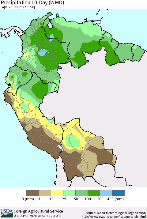 Northern South America Precipitation 10-Day (WMO) Thematic Map For 4/21/2022 - 4/30/2022