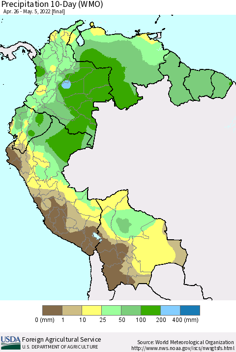 Northern South America Precipitation 10-Day (WMO) Thematic Map For 4/26/2022 - 5/5/2022