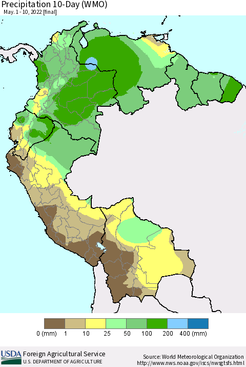 Northern South America Precipitation 10-Day (WMO) Thematic Map For 5/1/2022 - 5/10/2022