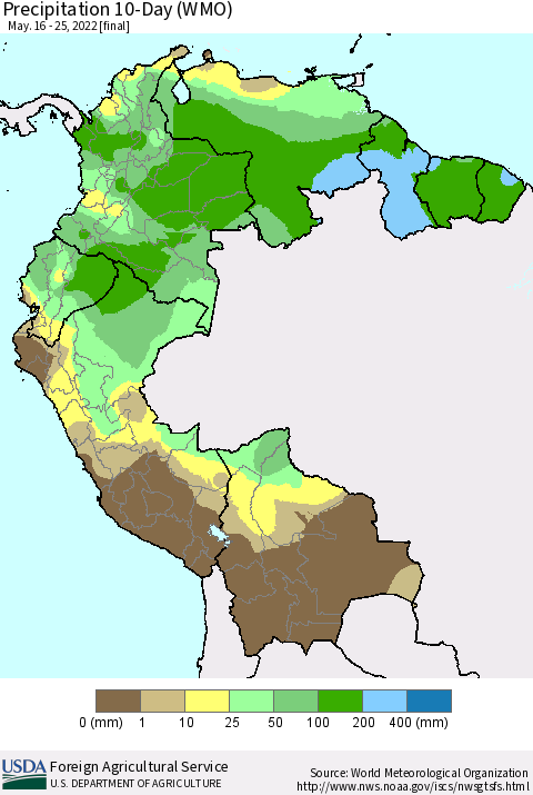 Northern South America Precipitation 10-Day (WMO) Thematic Map For 5/16/2022 - 5/25/2022