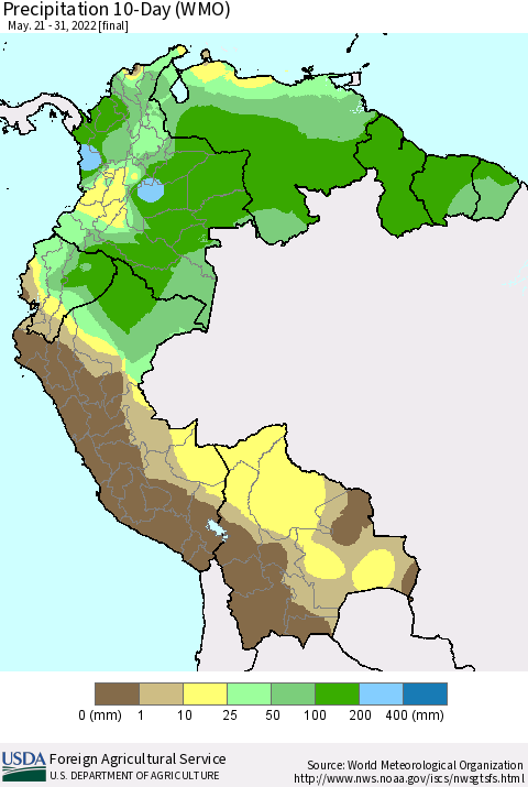 Northern South America Precipitation 10-Day (WMO) Thematic Map For 5/21/2022 - 5/31/2022