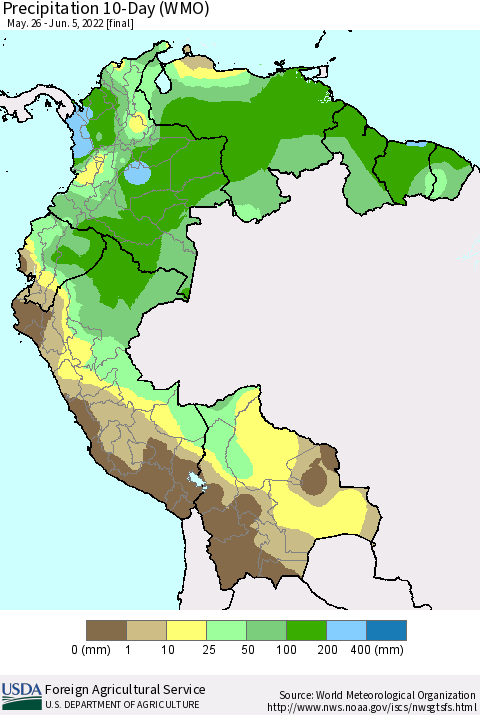 Northern South America Precipitation 10-Day (WMO) Thematic Map For 5/26/2022 - 6/5/2022