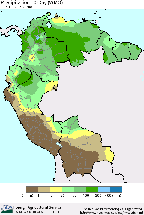 Northern South America Precipitation 10-Day (WMO) Thematic Map For 6/11/2022 - 6/20/2022
