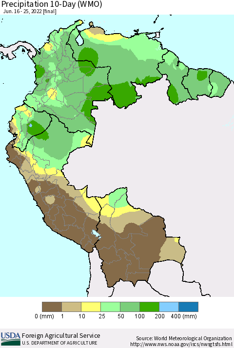 Northern South America Precipitation 10-Day (WMO) Thematic Map For 6/16/2022 - 6/25/2022