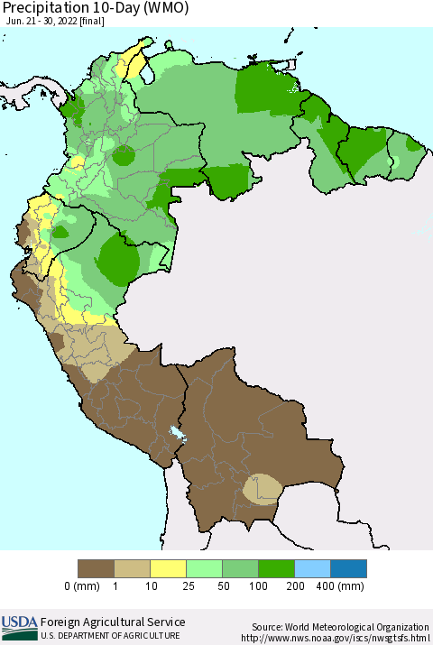 Northern South America Precipitation 10-Day (WMO) Thematic Map For 6/21/2022 - 6/30/2022
