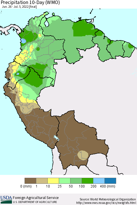 Northern South America Precipitation 10-Day (WMO) Thematic Map For 6/26/2022 - 7/5/2022