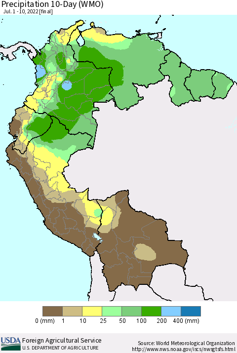 Northern South America Precipitation 10-Day (WMO) Thematic Map For 7/1/2022 - 7/10/2022