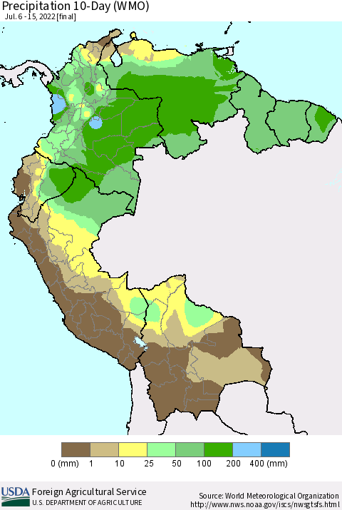 Northern South America Precipitation 10-Day (WMO) Thematic Map For 7/6/2022 - 7/15/2022
