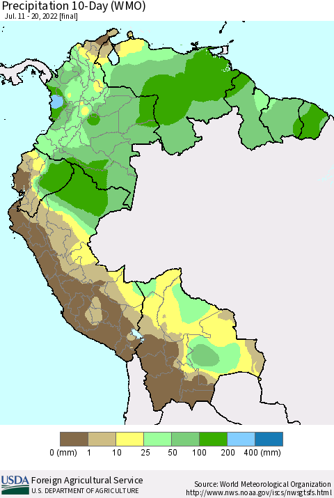 Northern South America Precipitation 10-Day (WMO) Thematic Map For 7/11/2022 - 7/20/2022