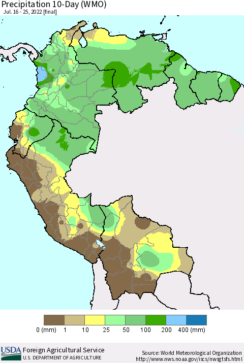 Northern South America Precipitation 10-Day (WMO) Thematic Map For 7/16/2022 - 7/25/2022
