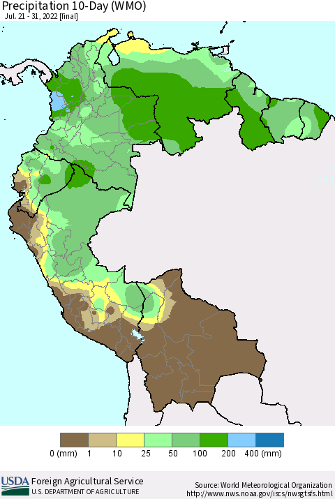 Northern South America Precipitation 10-Day (WMO) Thematic Map For 7/21/2022 - 7/31/2022