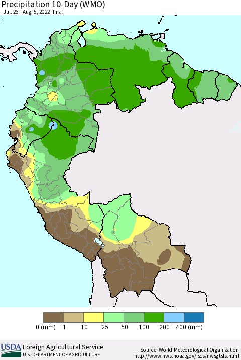 Northern South America Precipitation 10-Day (WMO) Thematic Map For 7/26/2022 - 8/5/2022