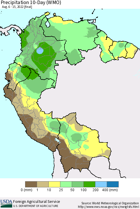Northern South America Precipitation 10-Day (WMO) Thematic Map For 8/6/2022 - 8/15/2022