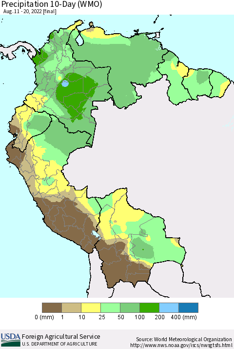 Northern South America Precipitation 10-Day (WMO) Thematic Map For 8/11/2022 - 8/20/2022