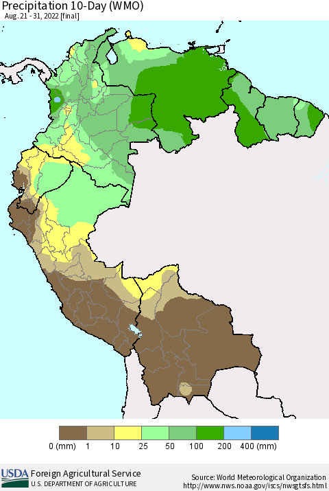 Northern South America Precipitation 10-Day (WMO) Thematic Map For 8/21/2022 - 8/31/2022