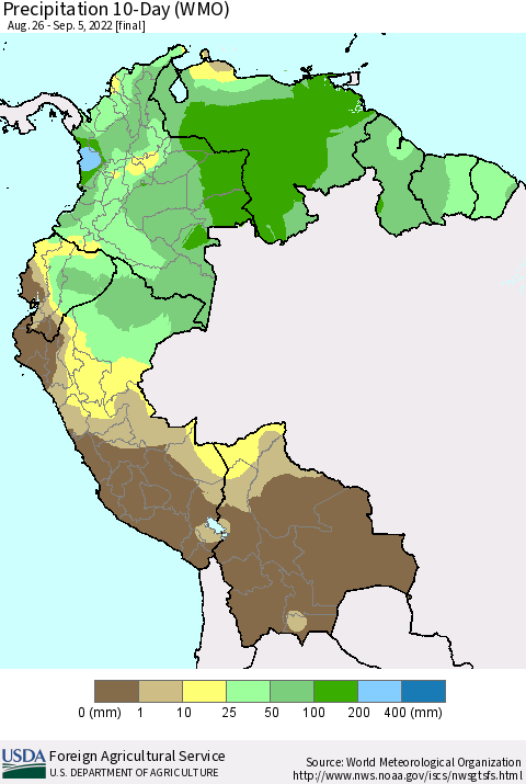 Northern South America Precipitation 10-Day (WMO) Thematic Map For 8/26/2022 - 9/5/2022