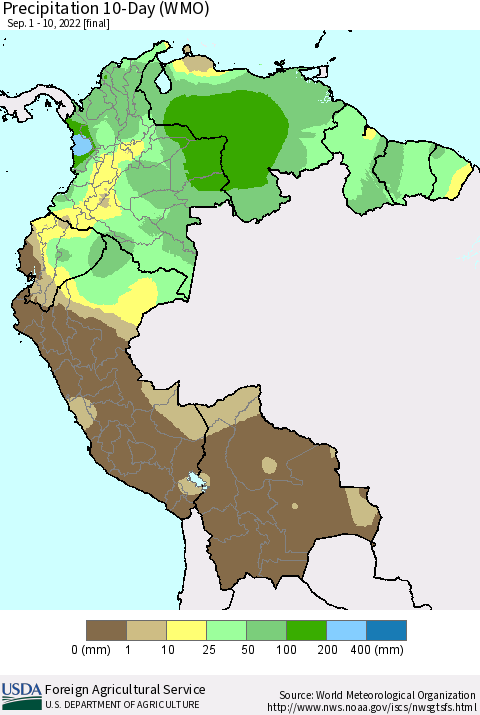 Northern South America Precipitation 10-Day (WMO) Thematic Map For 9/1/2022 - 9/10/2022