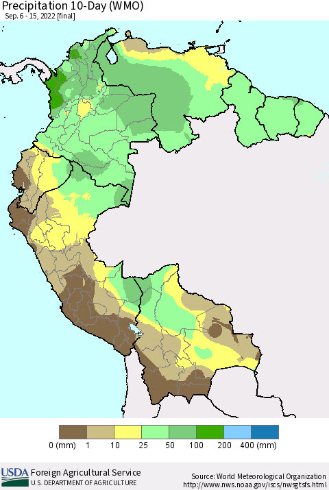Northern South America Precipitation 10-Day (WMO) Thematic Map For 9/6/2022 - 9/15/2022