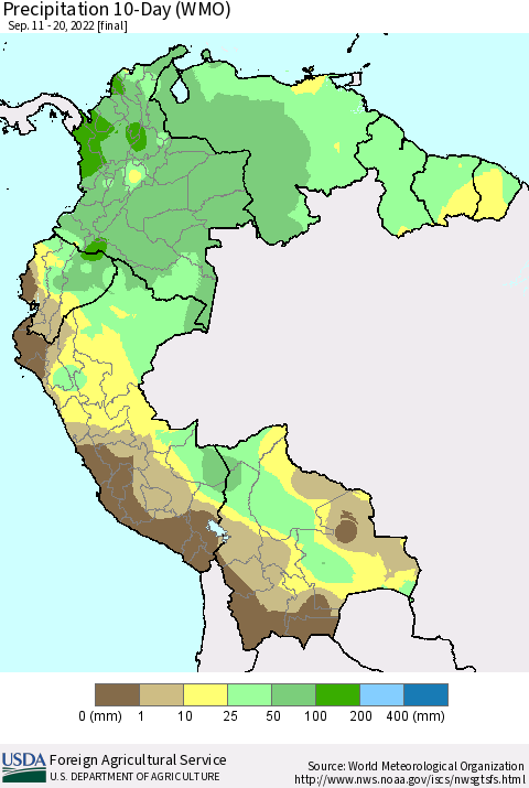 Northern South America Precipitation 10-Day (WMO) Thematic Map For 9/11/2022 - 9/20/2022