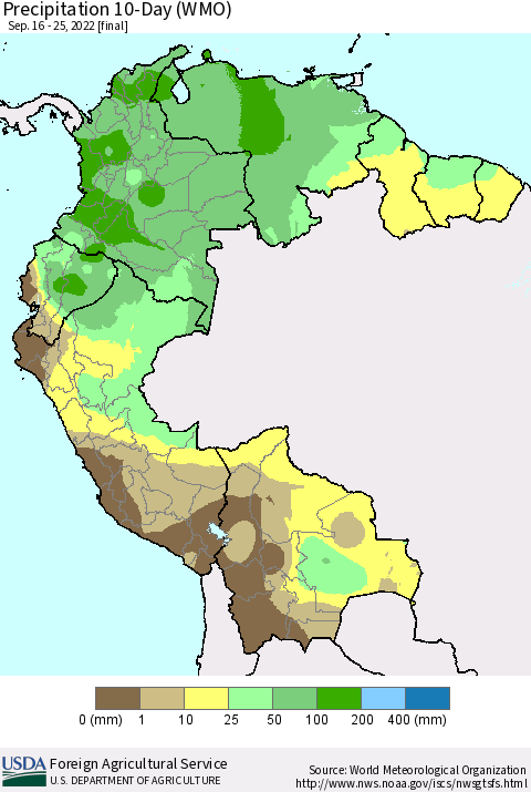 Northern South America Precipitation 10-Day (WMO) Thematic Map For 9/16/2022 - 9/25/2022