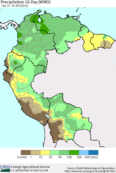 Northern South America Precipitation 10-Day (WMO) Thematic Map For 9/21/2022 - 9/30/2022