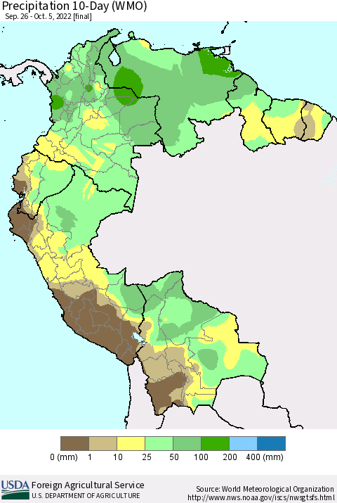 Northern South America Precipitation 10-Day (WMO) Thematic Map For 9/26/2022 - 10/5/2022