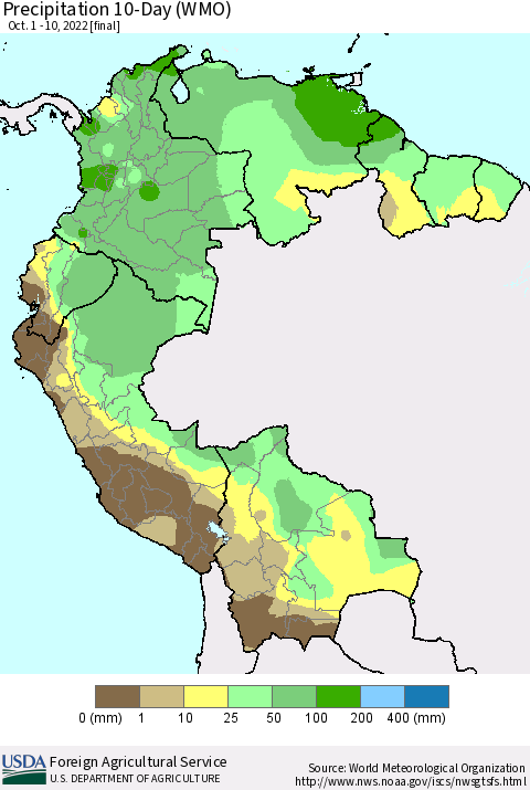 Northern South America Precipitation 10-Day (WMO) Thematic Map For 10/1/2022 - 10/10/2022