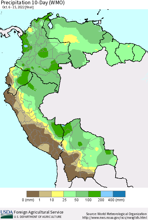 Northern South America Precipitation 10-Day (WMO) Thematic Map For 10/6/2022 - 10/15/2022