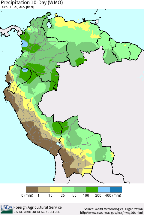 Northern South America Precipitation 10-Day (WMO) Thematic Map For 10/11/2022 - 10/20/2022
