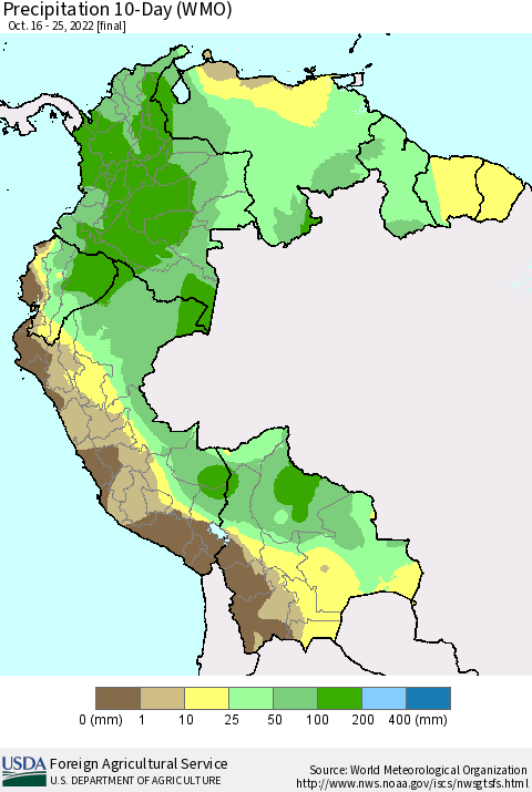 Northern South America Precipitation 10-Day (WMO) Thematic Map For 10/16/2022 - 10/25/2022