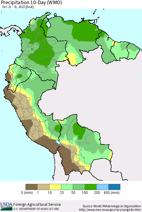 Northern South America Precipitation 10-Day (WMO) Thematic Map For 10/21/2022 - 10/31/2022