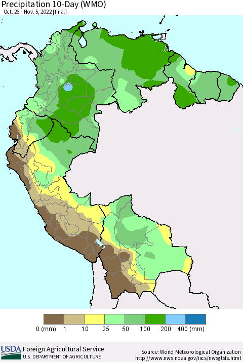 Northern South America Precipitation 10-Day (WMO) Thematic Map For 10/26/2022 - 11/5/2022