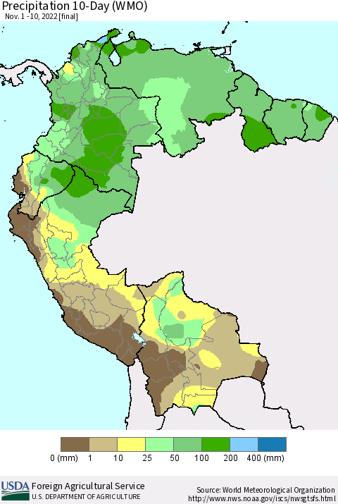 Northern South America Precipitation 10-Day (WMO) Thematic Map For 11/1/2022 - 11/10/2022