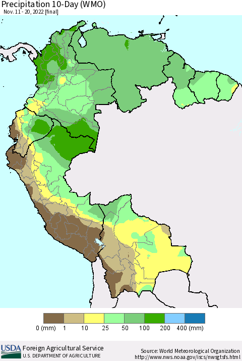 Northern South America Precipitation 10-Day (WMO) Thematic Map For 11/11/2022 - 11/20/2022