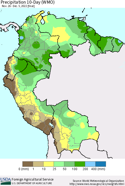 Northern South America Precipitation 10-Day (WMO) Thematic Map For 11/26/2022 - 12/5/2022