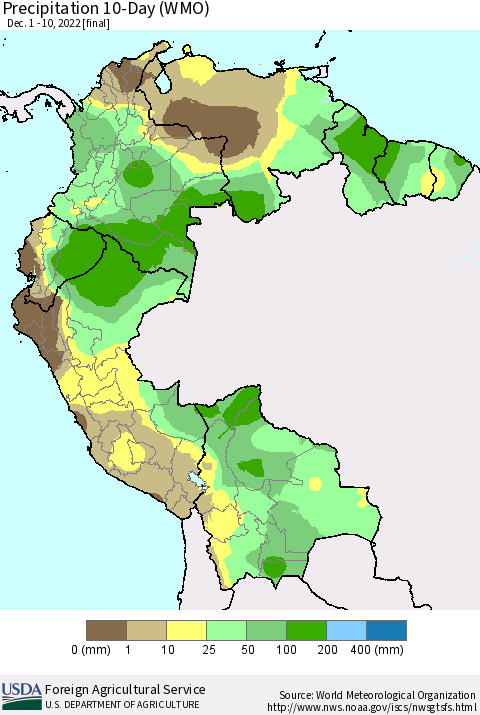 Northern South America Precipitation 10-Day (WMO) Thematic Map For 12/1/2022 - 12/10/2022