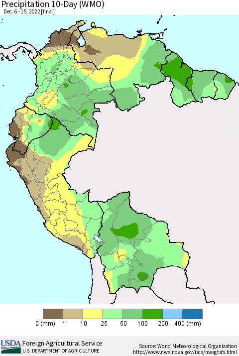 Northern South America Precipitation 10-Day (WMO) Thematic Map For 12/6/2022 - 12/15/2022