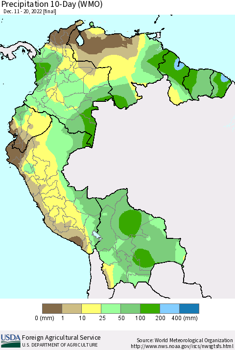 Northern South America Precipitation 10-Day (WMO) Thematic Map For 12/11/2022 - 12/20/2022