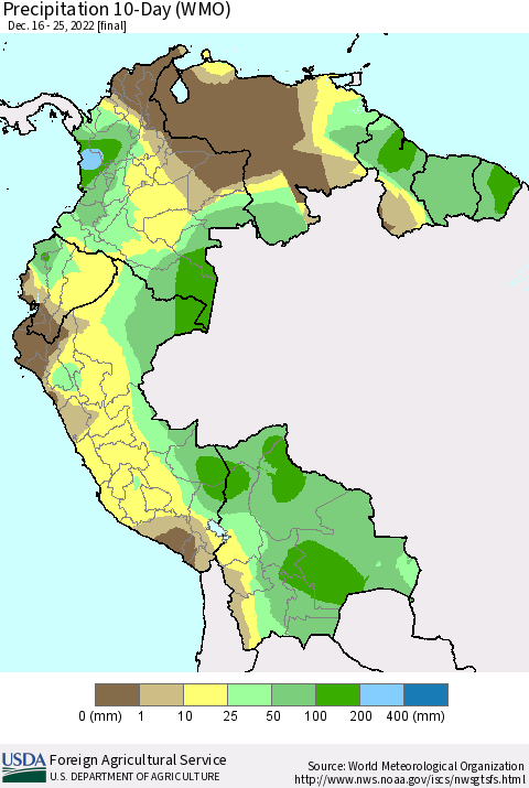 Northern South America Precipitation 10-Day (WMO) Thematic Map For 12/16/2022 - 12/25/2022