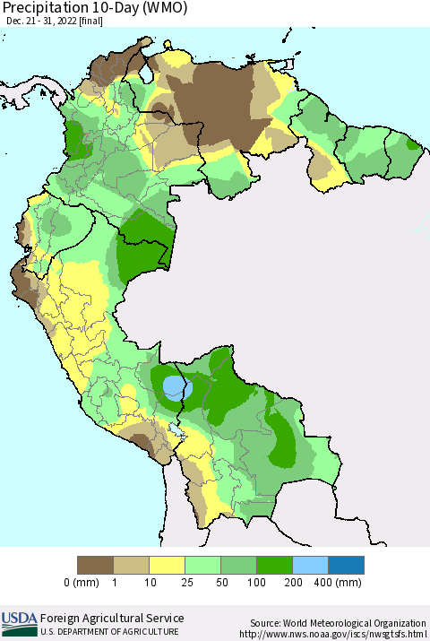 Northern South America Precipitation 10-Day (WMO) Thematic Map For 12/21/2022 - 12/31/2022