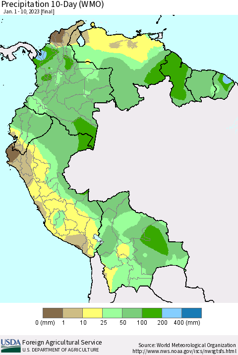 Northern South America Precipitation 10-Day (WMO) Thematic Map For 1/1/2023 - 1/10/2023