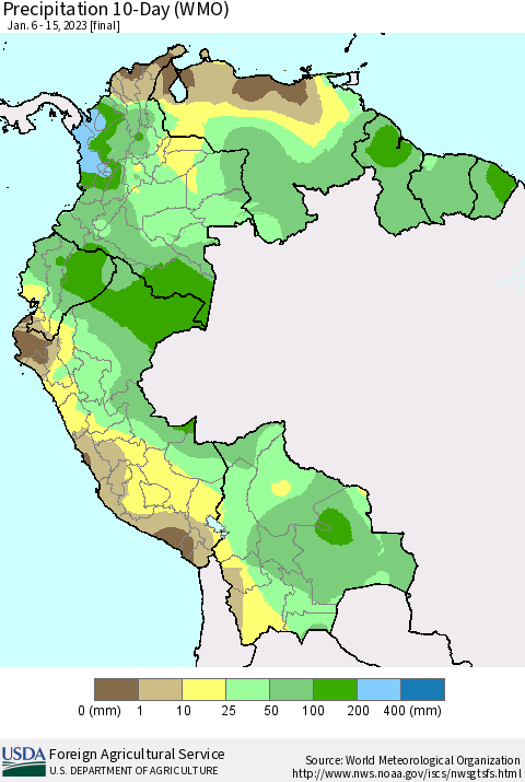 Northern South America Precipitation 10-Day (WMO) Thematic Map For 1/6/2023 - 1/15/2023