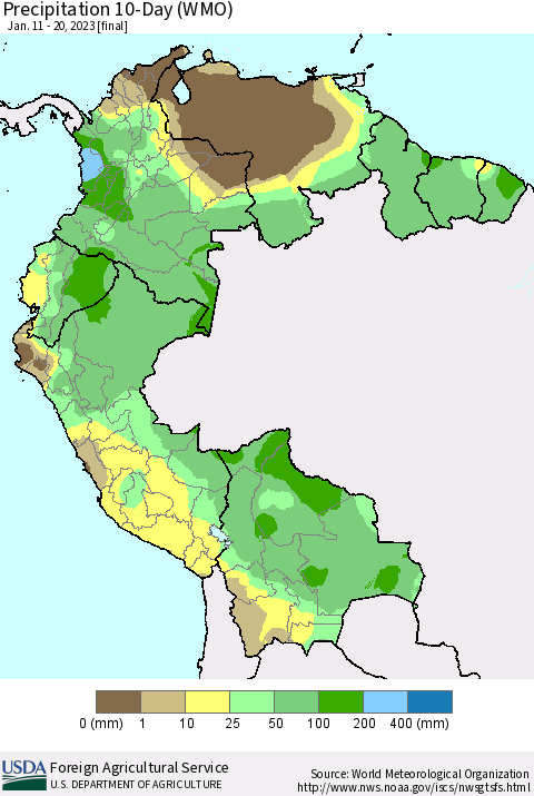 Northern South America Precipitation 10-Day (WMO) Thematic Map For 1/11/2023 - 1/20/2023