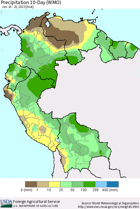 Northern South America Precipitation 10-Day (WMO) Thematic Map For 1/16/2023 - 1/25/2023