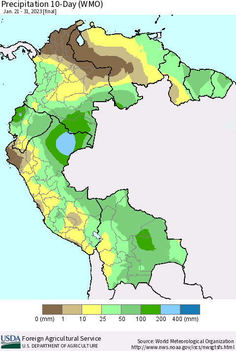 Northern South America Precipitation 10-Day (WMO) Thematic Map For 1/21/2023 - 1/31/2023
