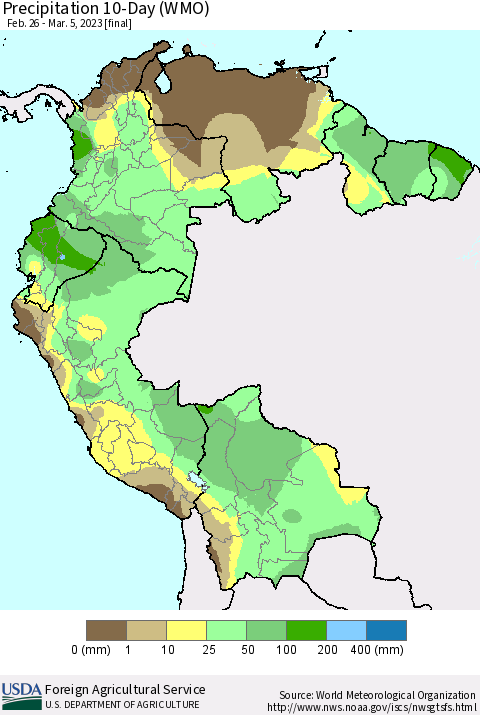 Northern South America Precipitation 10-Day (WMO) Thematic Map For 2/26/2023 - 3/5/2023