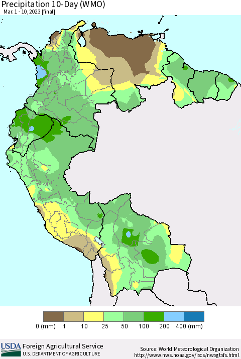 Northern South America Precipitation 10-Day (WMO) Thematic Map For 3/1/2023 - 3/10/2023