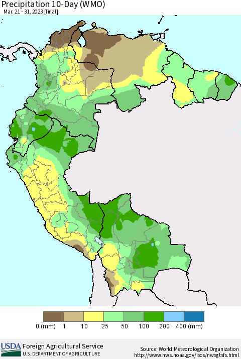 Northern South America Precipitation 10-Day (WMO) Thematic Map For 3/21/2023 - 3/31/2023