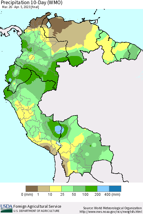 Northern South America Precipitation 10-Day (WMO) Thematic Map For 3/26/2023 - 4/5/2023
