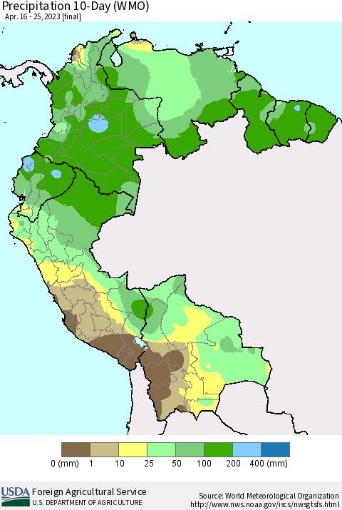 Northern South America Precipitation 10-Day (WMO) Thematic Map For 4/16/2023 - 4/25/2023